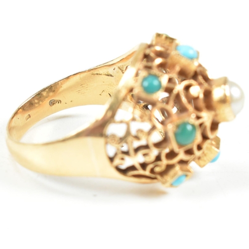 24 - An 18ct gold pearl and turquoise bombe ring. The ring having a pierced filigree style domed head set... 