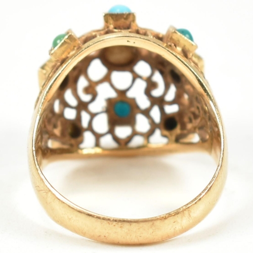 24 - An 18ct gold pearl and turquoise bombe ring. The ring having a pierced filigree style domed head set... 