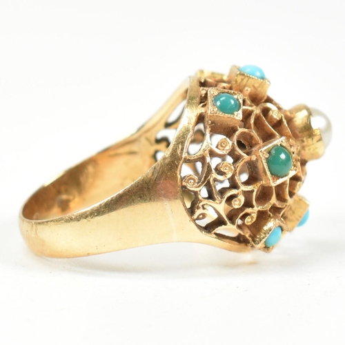 24 - An 18ct gold pearl and turquoise bombe ring. The ring having a pierced filigree style domed head set... 