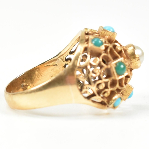 24 - An 18ct gold pearl and turquoise bombe ring. The ring having a pierced filigree style domed head set... 