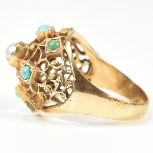 24 - An 18ct gold pearl and turquoise bombe ring. The ring having a pierced filigree style domed head set... 