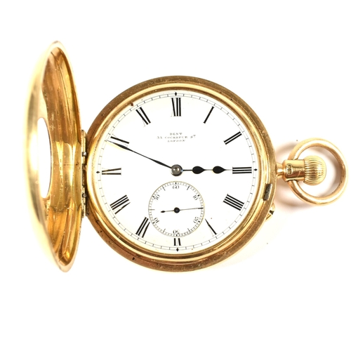 37a - A Victorian18ct gold keyless half hunter pocket watch. The watch having a white enamel dial with  Ro... 