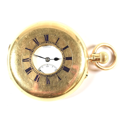 37a - A Victorian18ct gold keyless half hunter pocket watch. The watch having a white enamel dial with  Ro... 