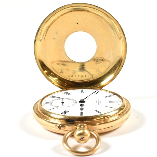 37a - A Victorian18ct gold keyless half hunter pocket watch. The watch having a white enamel dial with  Ro... 