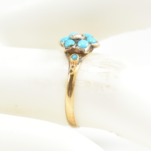 81 - An 18ct gold, turquoise and seed pearl cluster ring. The ring having a central seed pearl surrounded... 