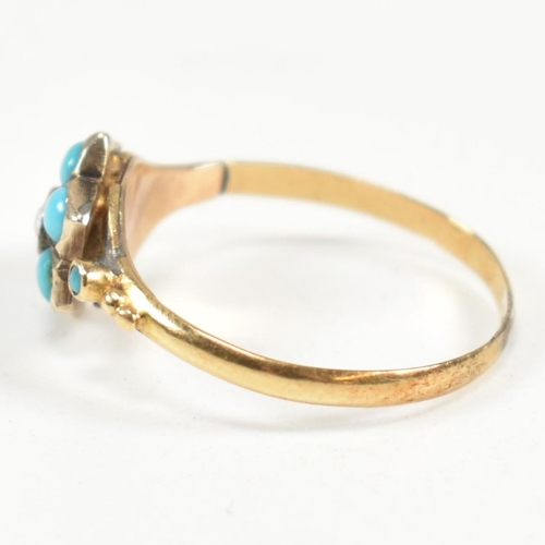 81 - An 18ct gold, turquoise and seed pearl cluster ring. The ring having a central seed pearl surrounded... 