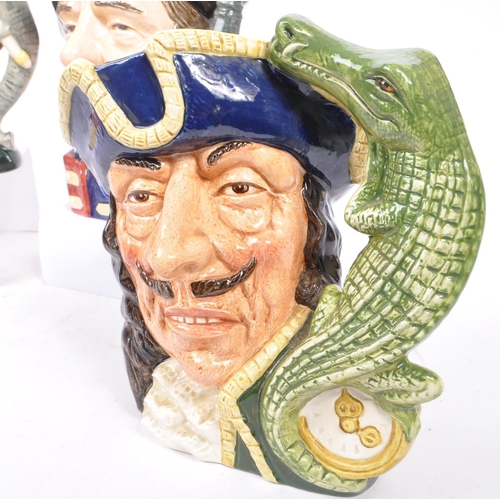 118 - Royal Doulton - A collection of five large china character jugs to include Captain Hook D6597, Guard... 