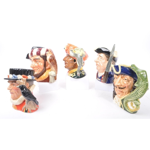 118 - Royal Doulton - A collection of five large china character jugs to include Captain Hook D6597, Guard... 