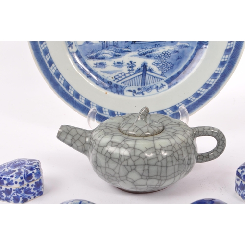 16 - A collection of Chinese porcelain items to include a small crackle glaze teapot, a blue and white pl... 