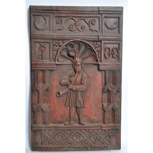 229 - A pair of 17th century style figural panels, oak effect resin moulds one depicting a courting couple... 