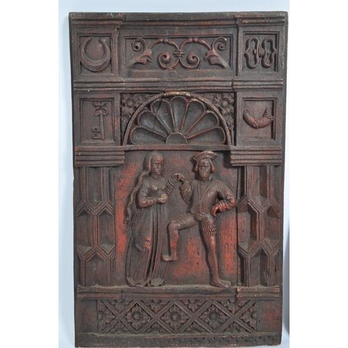 229 - A pair of 17th century style figural panels, oak effect resin moulds one depicting a courting couple... 