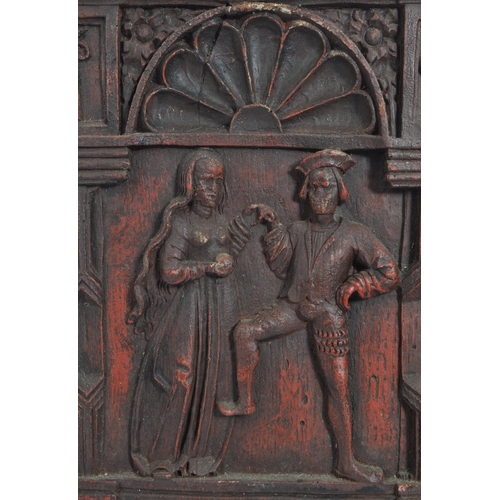 229 - A pair of 17th century style figural panels, oak effect resin moulds one depicting a courting couple... 