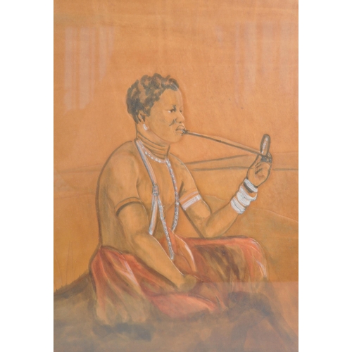 265 - A pair of 20th century painted leather African figural portrait paintings held within wooden frames.... 