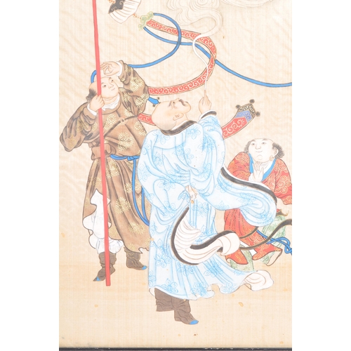 279 - An early 20th Century circa. 1920s hand painted Japanese silk picture depicting three men in traditi... 