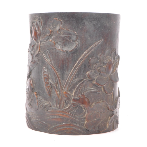 280 - An early 20th Century circa. 1920s Chinese bamboo circular brush pot having intricate carved relief ... 