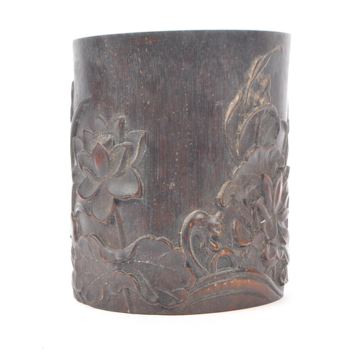 280 - An early 20th Century circa. 1920s Chinese bamboo circular brush pot having intricate carved relief ... 