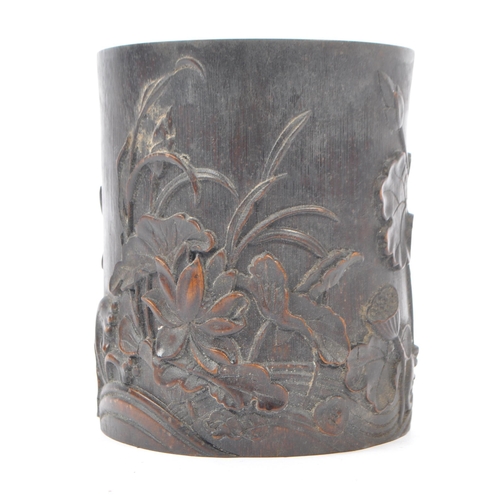 280 - An early 20th Century circa. 1920s Chinese bamboo circular brush pot having intricate carved relief ... 