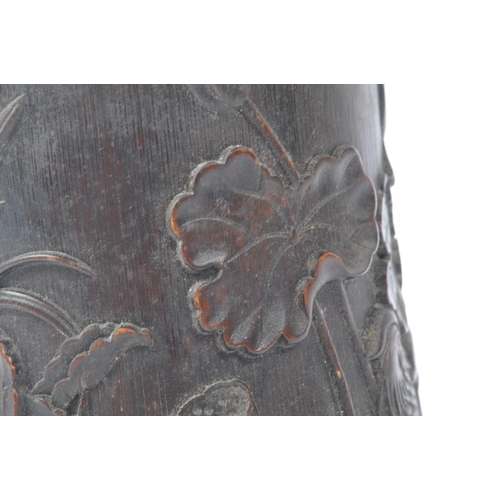 280 - An early 20th Century circa. 1920s Chinese bamboo circular brush pot having intricate carved relief ... 