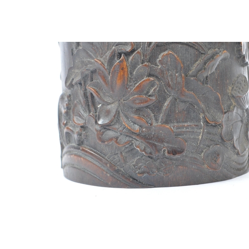 280 - An early 20th Century circa. 1920s Chinese bamboo circular brush pot having intricate carved relief ... 