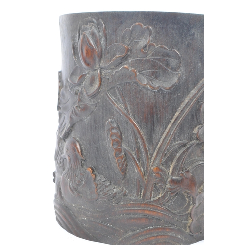 280 - An early 20th Century circa. 1920s Chinese bamboo circular brush pot having intricate carved relief ... 