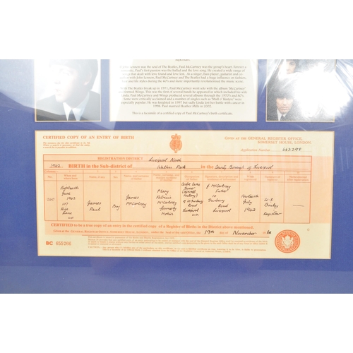 303 - The Beatles - Paul McCartney - A framed and glazed copy of Paul McCartney's birth certificate. The b... 