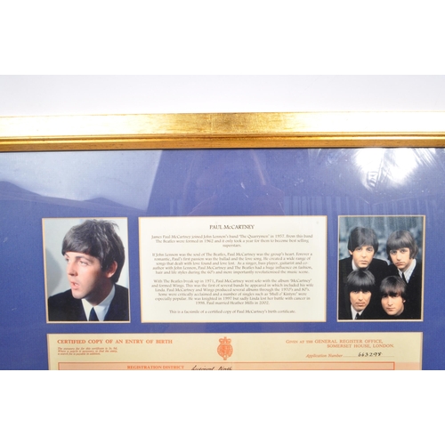 303 - The Beatles - Paul McCartney - A framed and glazed copy of Paul McCartney's birth certificate. The b... 