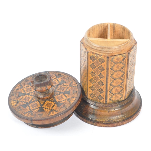 324 - A 19th Century Victorian tunbridge ware sewing etui box of circular column form having repeated geom... 