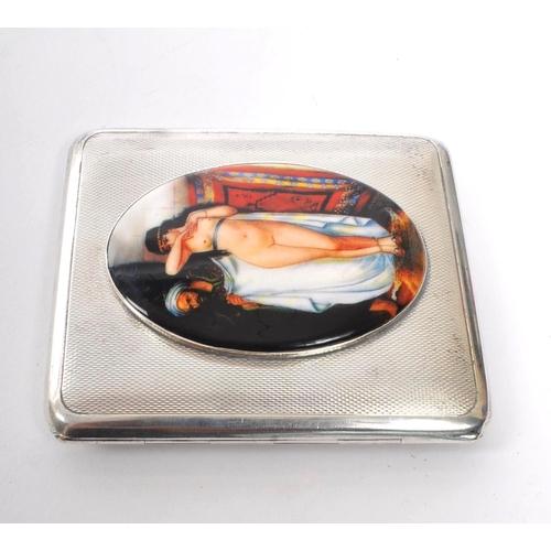 343 - A 20th Century circa 1940s silver cigarette case of square form having central oval cameo panel to d... 