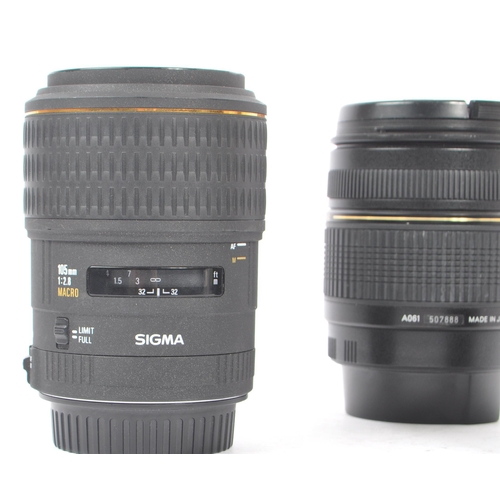 354 - Sigma - A Sigma EX 105mm F2.8 Macro AF lens. Serial number 1003012. Canon EF mount. Alongside a Tamr... 