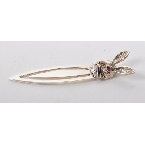 364 - A 20th Century vintage sterling silver bookmark having head of hare finial top with red stone eyes. ... 