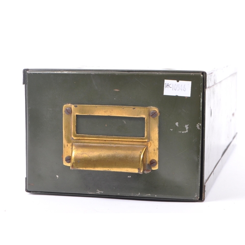 369 - A mid 20th century industrial green filing cabinet / index card tray. The tray of rectangular form, ... 