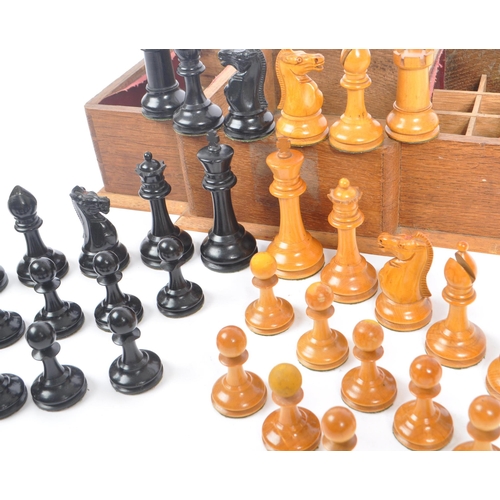 370 - F H Ayres - An early 20th century, The Staunton Chessmen pattern, 32 weighted pieces chess set. With... 