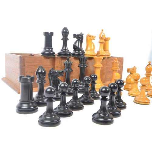 370 - F H Ayres - An early 20th century, The Staunton Chessmen pattern, 32 weighted pieces chess set. With... 