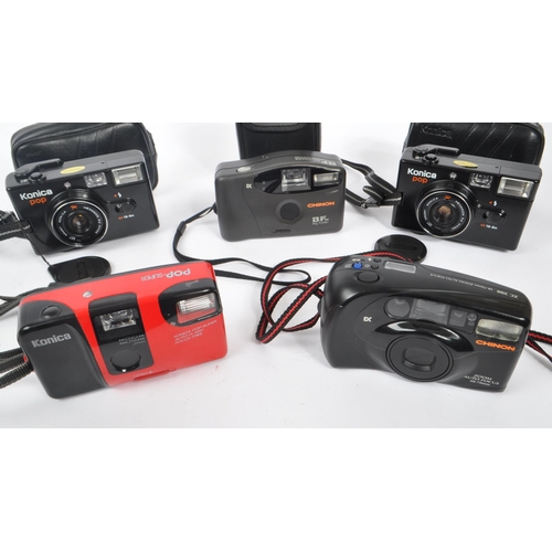 378 - Konica - A collection of late 20th century circa 1980s Konica Pop cameras, alongside two Chinon comp... 