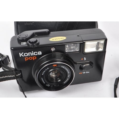 378 - Konica - A collection of late 20th century circa 1980s Konica Pop cameras, alongside two Chinon comp... 