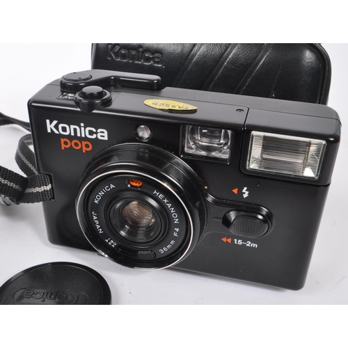 378 - Konica - A collection of late 20th century circa 1980s Konica Pop cameras, alongside two Chinon comp... 