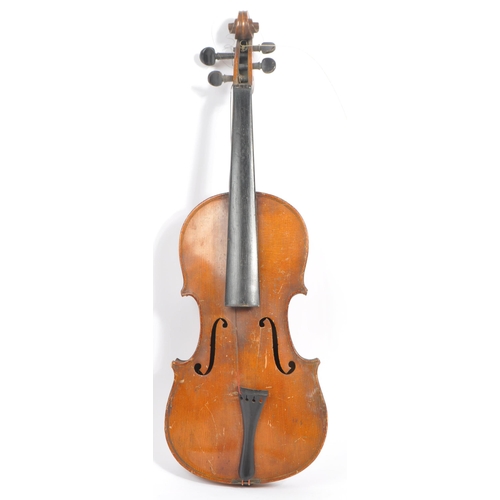 401 - Two early 20th century violin stringed musical instruments. Having a spruce wooden body with tuning ... 