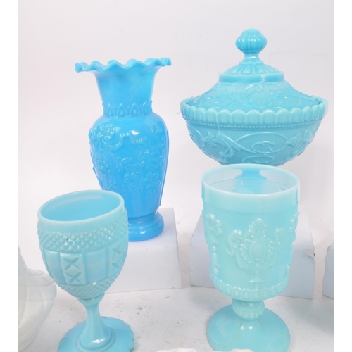 47 - A collection of vintage 20th Century blue and white opaline glass items to include a mid Century whi... 