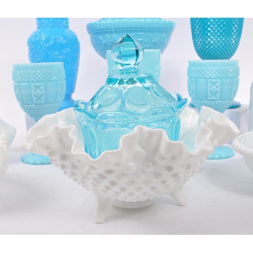 47 - A collection of vintage 20th Century blue and white opaline glass items to include a mid Century whi... 