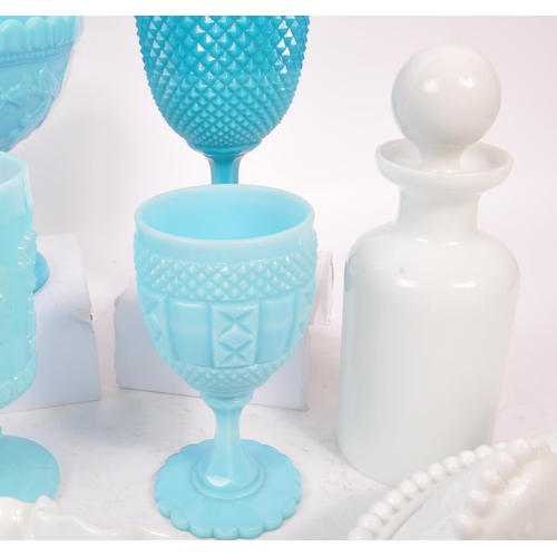 47 - A collection of vintage 20th Century blue and white opaline glass items to include a mid Century whi... 