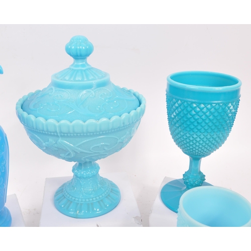 47 - A collection of vintage 20th Century blue and white opaline glass items to include a mid Century whi... 