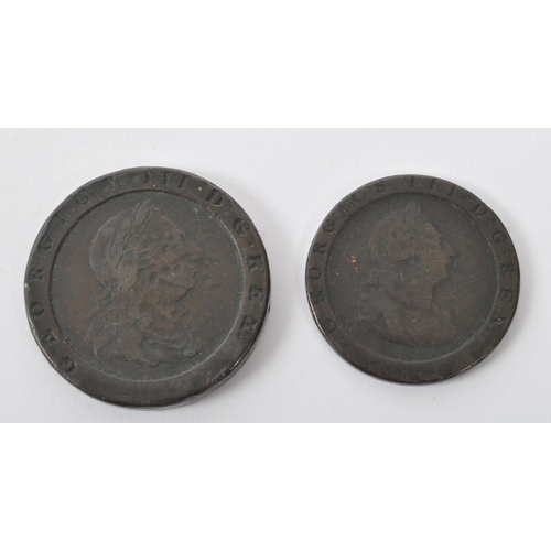 486 - Two 18th Century copper coins comprising of a 1797 George III cartwheel penny having draped bust of ... 