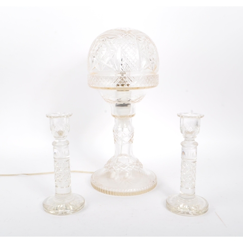 52 - A 20th Century vintage cut glass crystal table lamp light with circular dome shade having diamond an... 