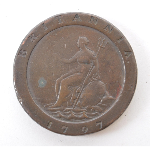 527 - A late 18th century 1797 George III cartwheel two pence coin. The coin featuring a George III bust t... 