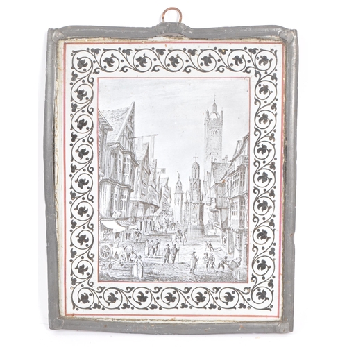 60 - A pair of 17th century Flemish glass window panels. Each white milk glass depicting a street scene, ... 