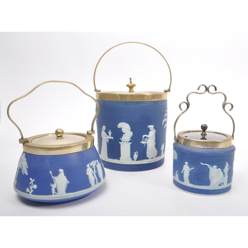 63 - Wedgwood - Three Wedgwood Jasperware EPNS silver plate lidded pots. The collection to include a bisc... 