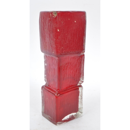 93 - A 20th Century circa. 1980s retro red glass ' drunken bricklayer ' vase in the manner of Whitefriars... 