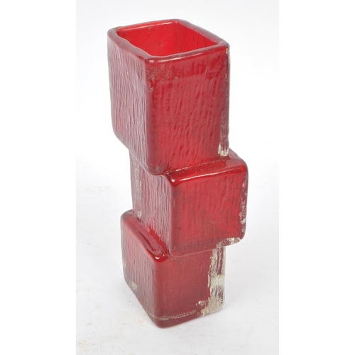 93 - A 20th Century circa. 1980s retro red glass ' drunken bricklayer ' vase in the manner of Whitefriars... 