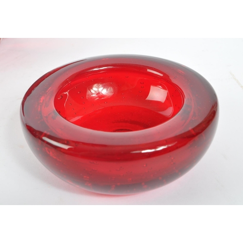 195 - Whitefriars - squat design ruby red glass knobbly vase, pattern # 9608 together with a ruby red bubb... 