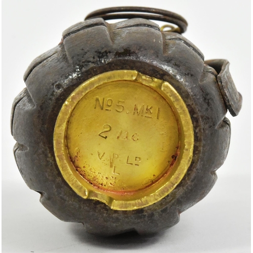 101 - A WWI First World War British Army INERT No. 5 mills bomb / hand grenade with lever, ring and pin. T... 